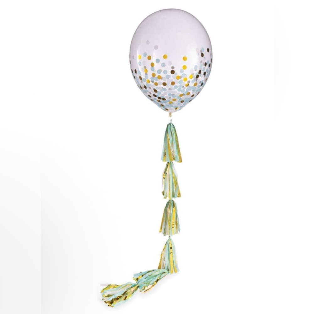 New- Large Confetti Balloon with Mint Green, Gold, and White Tassel Tail